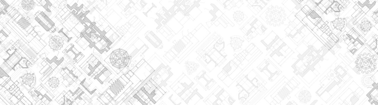 Engineering industrial background from technical drawing elements. Horizontal light banner for engenering, industrial, technology or automation conceptual design.