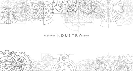 Engineering industrial background from technical drawing elements. Horizontal light banner for engenering, industrial, technology or automation conceptual design.