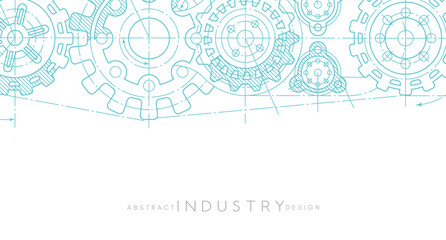 Engineering industrial background from technical drawing elements. Horizontal light blue banner for engenering, industrial, technology or automation conceptual design.