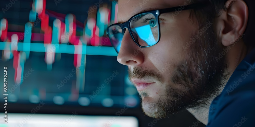 Poster using candlestick graphs on computer screen for stock trading decisions. concept stock analysis, can