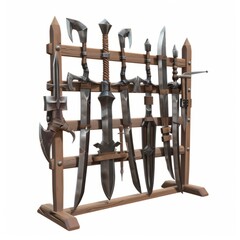 3D Render of a rack of medieval weapons, on isolated white background, Generative AI