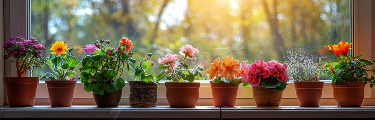 Colorful Flowers in Pots on Windowsill With Sunlight Streaming In