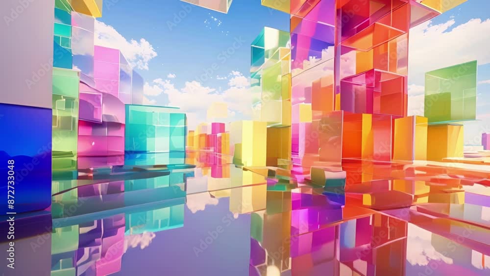 Poster a playful display of colorful cubes reflecting off each other in a whimsical manner.