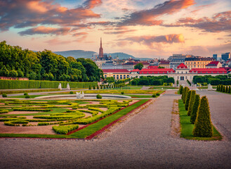 Captivating summser sunrise in famous Belvedere park, built by Johann Lukas von Hildebrandt for...