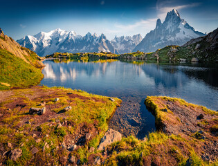 Gorgeous summer view of Lac Blanc lake with Mont Blanc peak on background, Chamonix location....