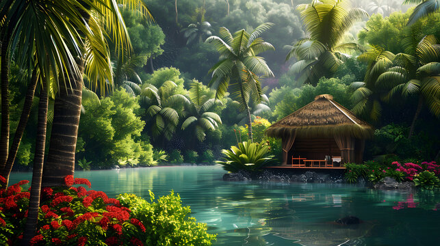 A tropical island with a small hut and a boat on the water