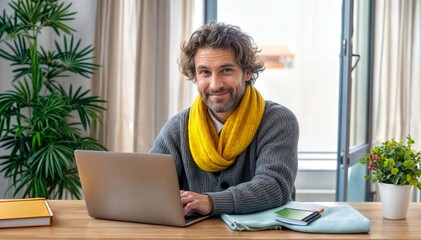 Man Smiling with Laptop in Cozy Home Office