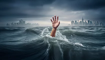 Arm eines Ertrinkenden ragt aus dem Meer © pixelschoen