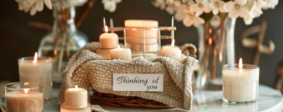 Sophisticated sympathy gift basket with a blanket, scented candles, and a "Thinking of you" message, on a marble table.