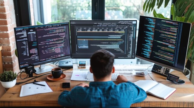 A focused software developer codes on a dual monitor setup in a modern office environment with a minimalist aesthetic. AIG41