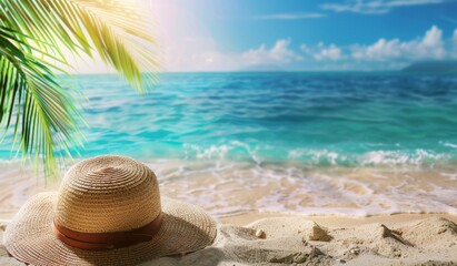 Focus shot of a straw hat on the beach, blurred background, scenic view, nature, beautiful photography