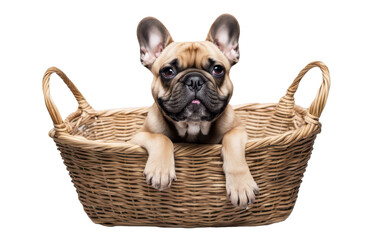 Cute French Bulldog puppy sitting in a wicker basket isolate on transparent background, cutout, png