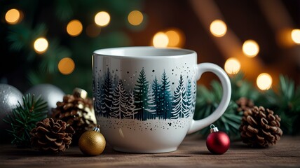 Winter, Christmas, New Year decorations composition, concept, background, Mug, cup of tea, cofee, Christmas mood, Christmas greeting card.