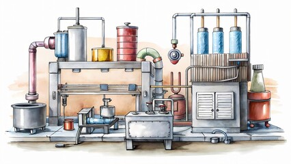Industrial machine surrounded by wires and metal components, with various tools and utensils nearby, ready for operation in a clean and organized food factory setting.