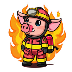 Obraz premium Cute cartoon pig dressed as a firefighter with flames in the background, perfect for kids' illustrations and animal-themed designs isolated on white or transparent png
