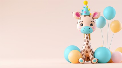 Cute giraffe toy with party hat and balloons on pastel background, perfect for children's celebrations and decorations.