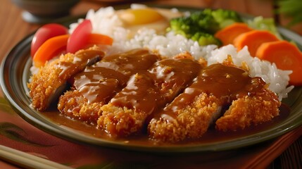 Tempting Plate of Japanese Chicken Katsu Curry with Breaded Cutlets and Rich Sauce
