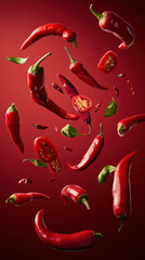 Dynamic image of red chili peppers floating against a vibrant red background, showcasing spice and freshness.