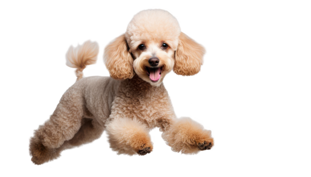 Adorable fluffy poodle dog jumping with excitement isolate on transparent background, cutout, png