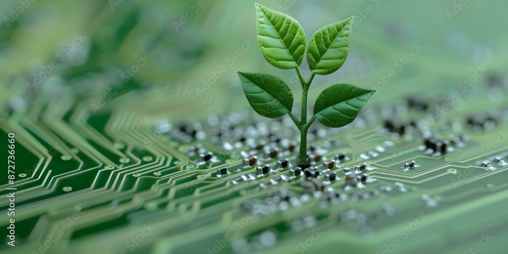 Poster symbolizing technology advancement with a digital image of tree foliage on a circuit board. concept 