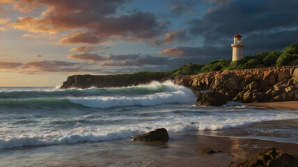 Obraz premium lighthouse on the beach, ai generated