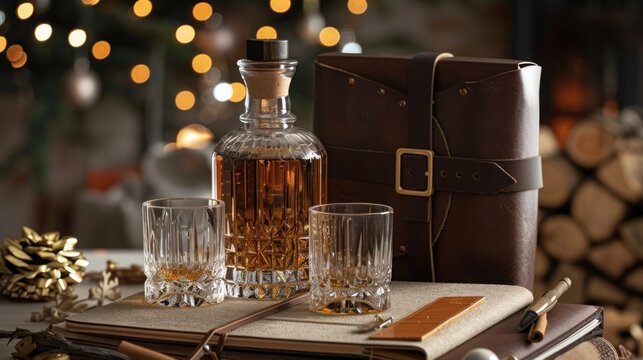A sophisticated whiskey gift set with a bottle of aged whiskey, two crystal glasses, and a leather-bound journal.