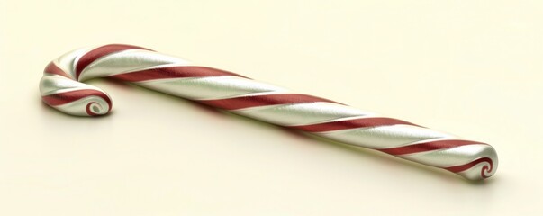 Fototapeta premium A silver and red striped candy cane ornament, isolated on a pale yellow background.