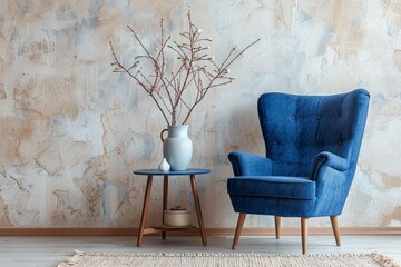 Immerse yourself in the serenity of a modern living room featuring a blue wingback chair and side table with a vase and branch, against a Venetian stucco wall.
