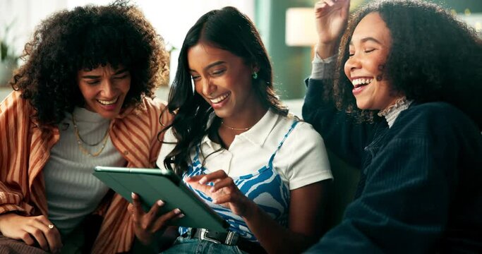 Laughing, relax and tablet with friends in student accommodation to search property website together. Education, funny and social media with women browsing real estate in living room of apartment