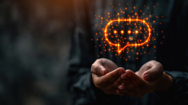 Man's hand holding an AI chat technology sign, symbolizing modern communication