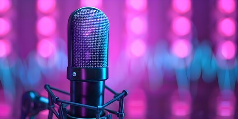 Neon blue and purple dynamic waveforms on a hightech broadcasting microphone. Concept Neon Art, Technology, Broadcast Equipment, Sound Visualization, Dynamic Colors