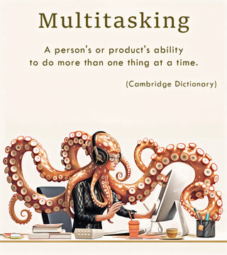 An office worker multitasking, efficient committed employee working hard at computer, cartoon character sitting at desk with octopus tentacles to produce more work in less time, funny dictionary card 