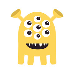 Cute yellow monster standing. Happy Halloween. Monsters silhouette icon. Many eyes, smiling face, horns. Cartoon kawaii funny character. Childish style. Flat design. Isolated. White background. Vector