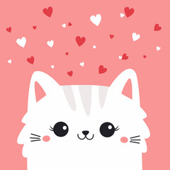 White cat face head. Fluffy kitten. Red white hearts. Happy Valentines Day. Cute cartoon funny kitty character. Kawaii animal in love. Greeting card . Flat design. Pink background. Vector illustration