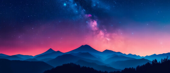 Breathtaking mountain landscape under a starry, colorful night sky, featuring the Milky Way and pink twilight hues.