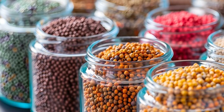 Eye-catching presentation of colorful fish food pellets in crystal jars for pet store advertisements. Concept Pet Store Advertisement, Crystal Jars, Colorful Fish Food Pellets