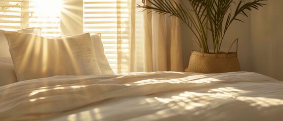Sunlight streaming through blinds onto a cozy bed in a serene bedroom with a potted plant, creating a warm and inviting atmosphere.