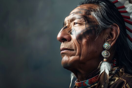 With grace and dignity, a Native American man stands adorned in cultural jewelry, capturing the essence of tradition and connection to his ancestry in a studio portrait.