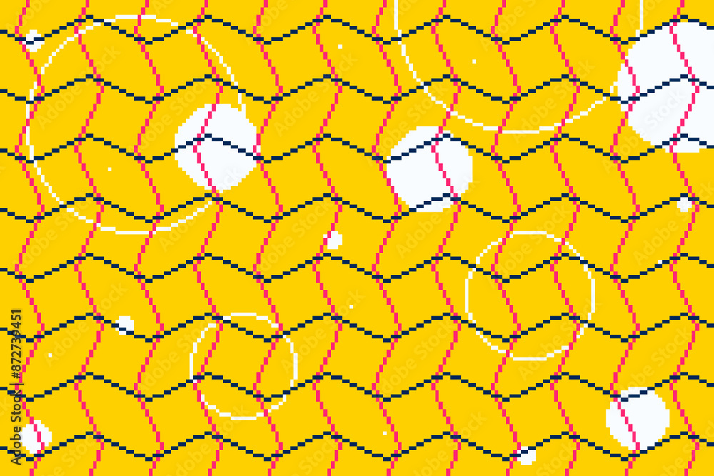Poster yellow background with red and blue fuzzy zig zag lines and white circles, pixel art style