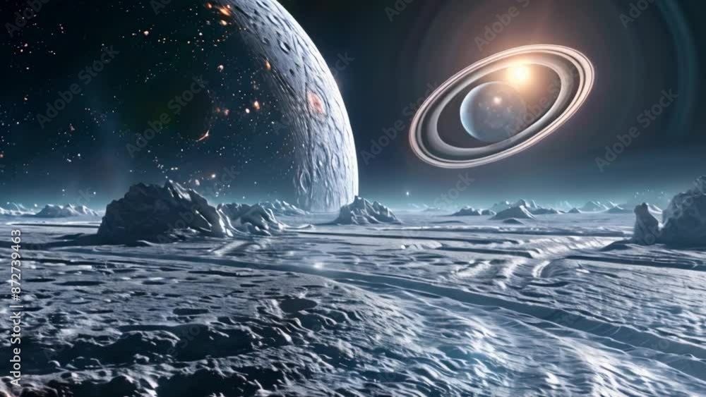 Aufkleber this view of a distant planet with a ringed gas giant in the sky.