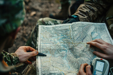 Military person planning looking route with map