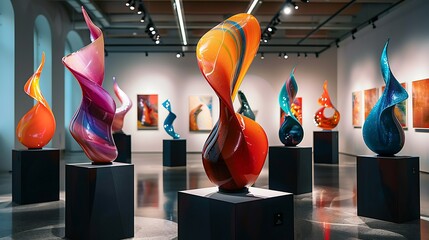 Modern art exhibition with expositions of futuristic abstract sculpture in fine art gallery museum