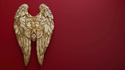 A golden angel wing ornament with intricate details, isolated on a deep red background.