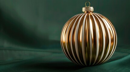 A gold and white striped ball ornament, isolated on a forest green background.