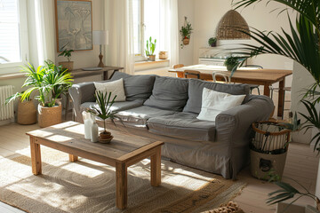 Modern living room with light gray sofa, wooden table, and indoor plants