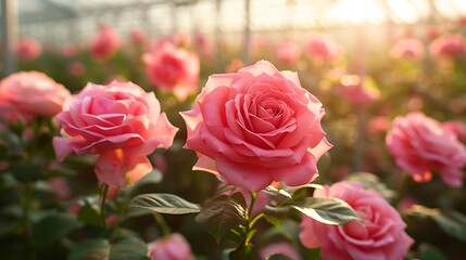 Obraz premium Field of pink roses flowers production under a greenhouse