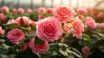 Field of pink roses flowers production under a greenhouse