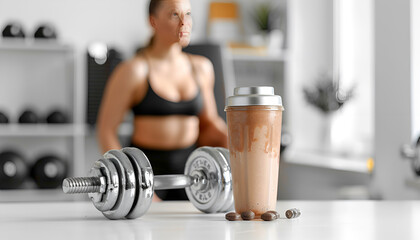 Naklejka premium Composition with metal dumbbell, protein shake and blurred woman on background