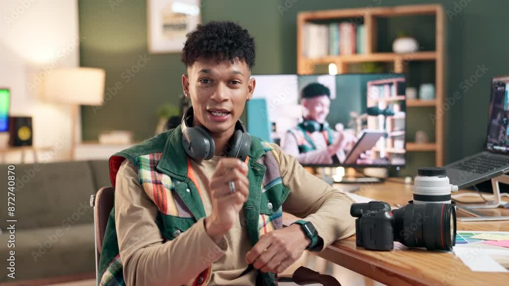 Poster Man, face and conversation in home for content creation, live steaming and talking to subscribers for brand promotion of camera. Influencer, screen and social media review for feedback on equipment.