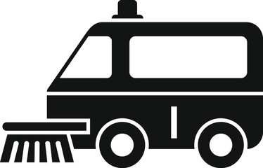 Black and white silhouette of a street cleaning machine with rotating brushes cleaning the road